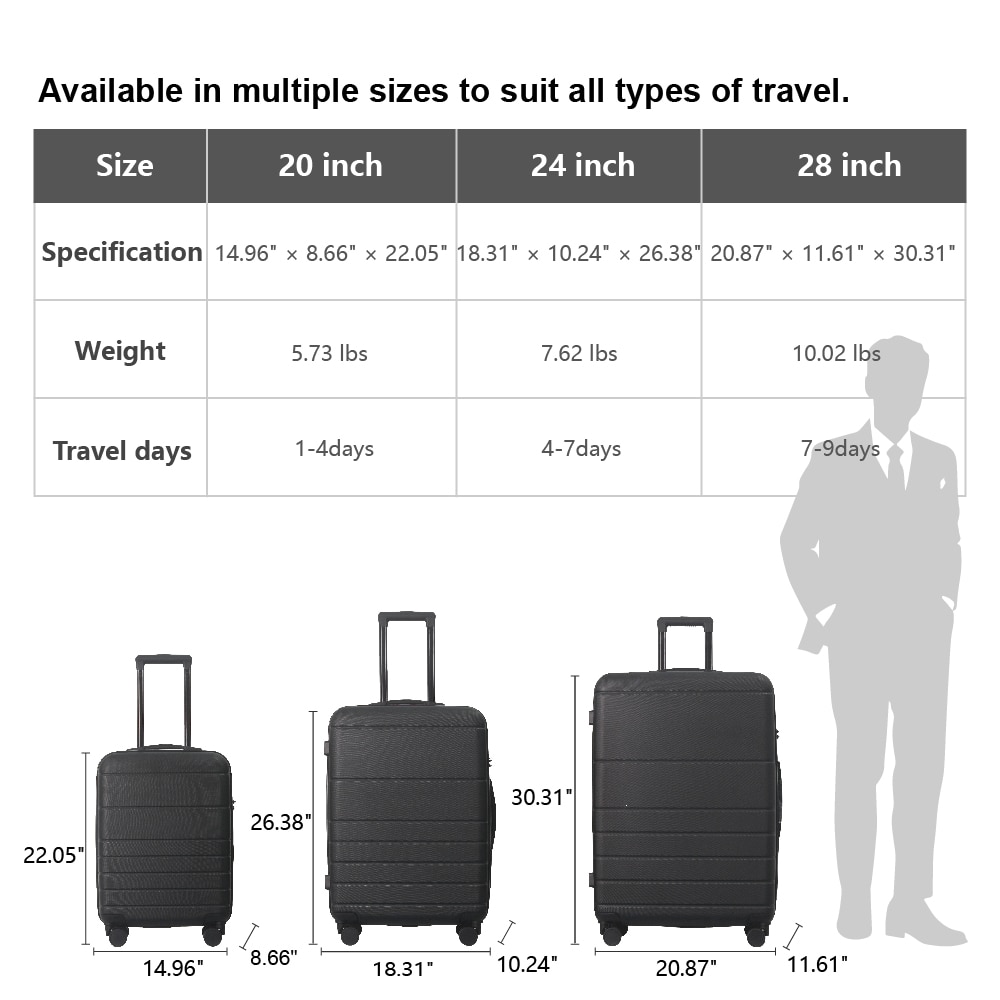 Luggage Sets ABS Hardshell 3pcs Luggage, Lightweight Durable Suitcase Sets Spinner Wheels Suitcase With TSA Lock 20''24''28'' Available(Black)_voghion.com